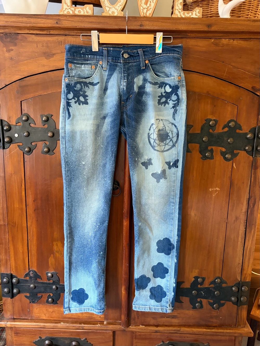 Custom Upcycled Levi's 511 Slim Fit Jeans - Butterfly & Floral Stencil (32x30)